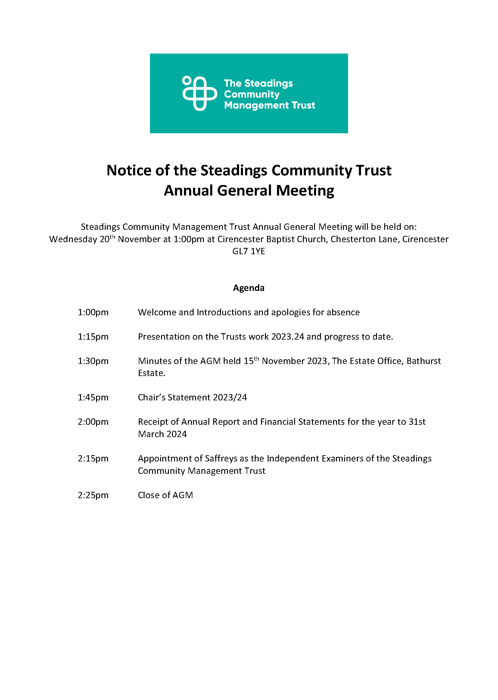 You are currently viewing Notice of the Steadings Community Management Trust AGM 2024