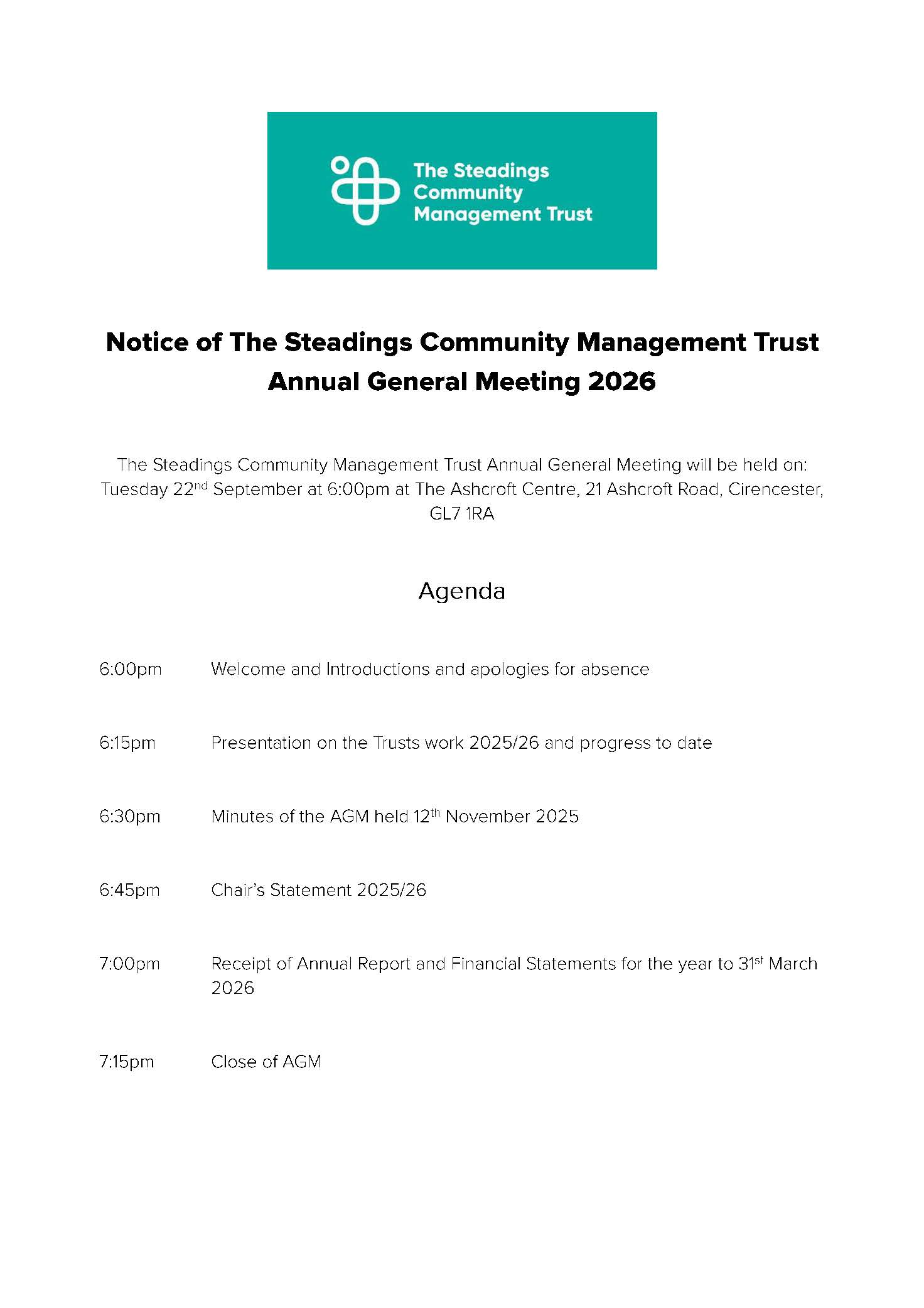 You are currently viewing Notice of the Steadings Community Management Trust Annual General Meeting 2026